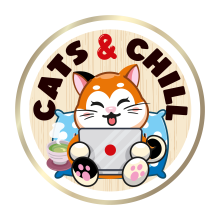 chat stylisé tenant un ordinateur portable, bien assis confortablement sur un coussin, un thé matcha à côté de lui. Symbole japonais